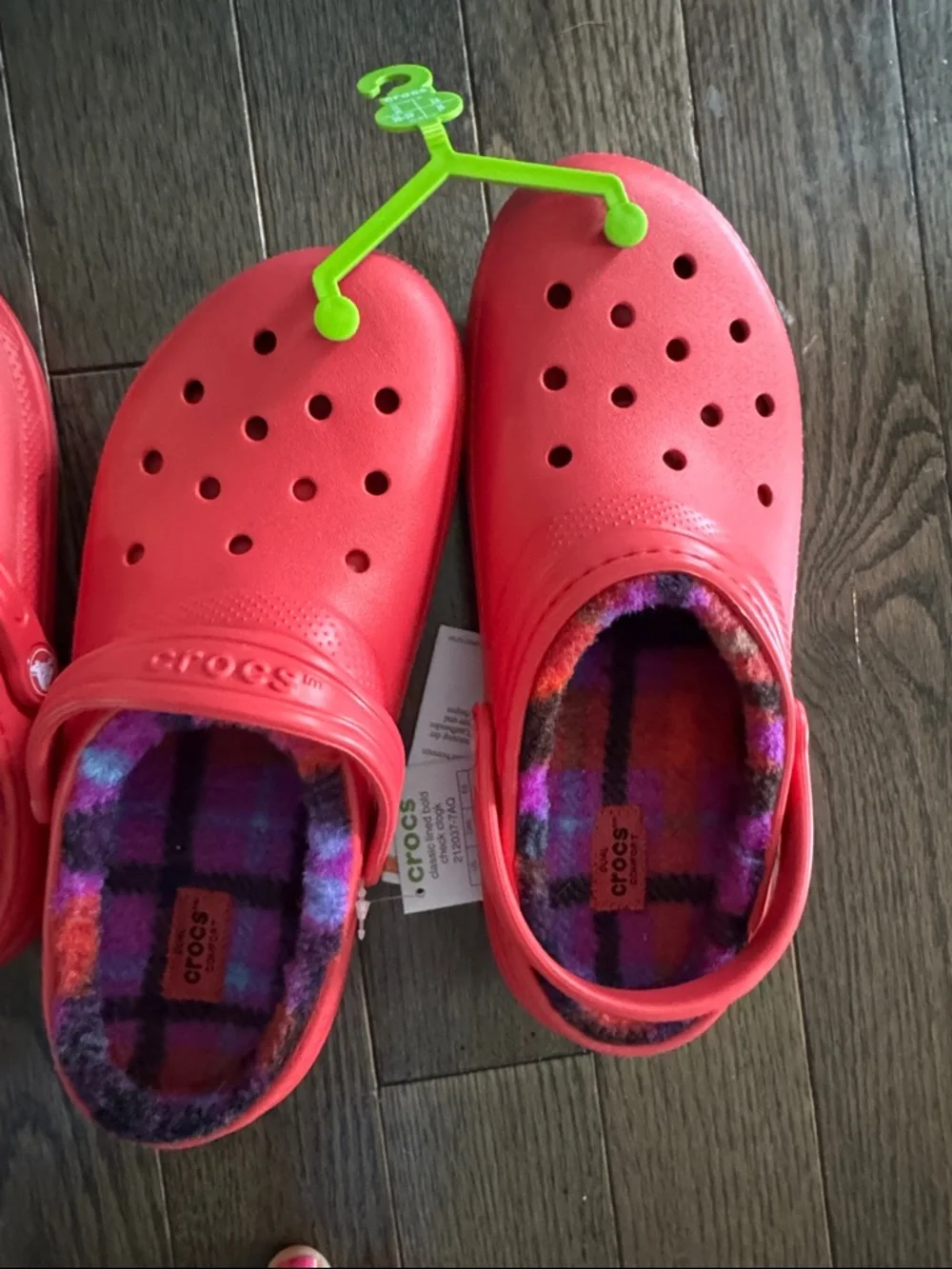 CROCS Kids Red Clogs with Purple Plaid Lining